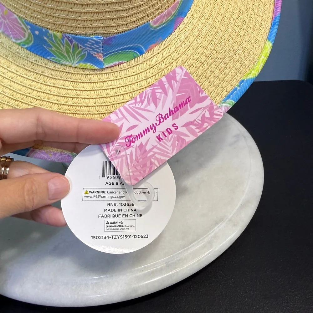Tommy Bahama Kids Straw Sun Hat Tropical Fruit Print Wide Brim Adjustable Strap